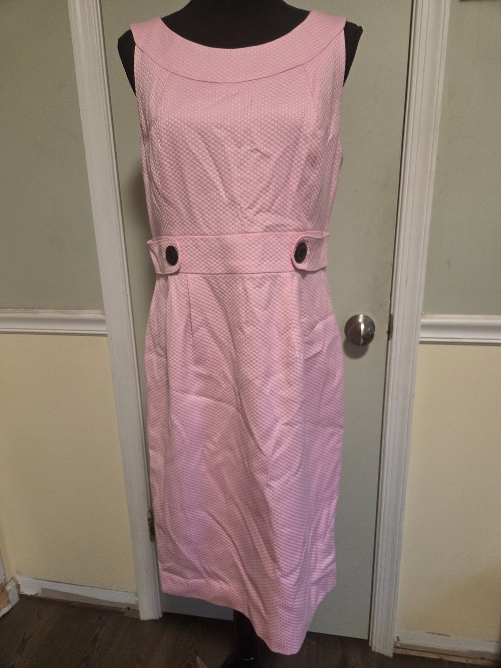 Pink Sleeveless Midi Sheath Dress with Decorative Waist Tabs